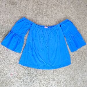Lilly Pulitzer Shirt Sanilla Blue 100% Silk Off Shoulder Top Blouse Size Small